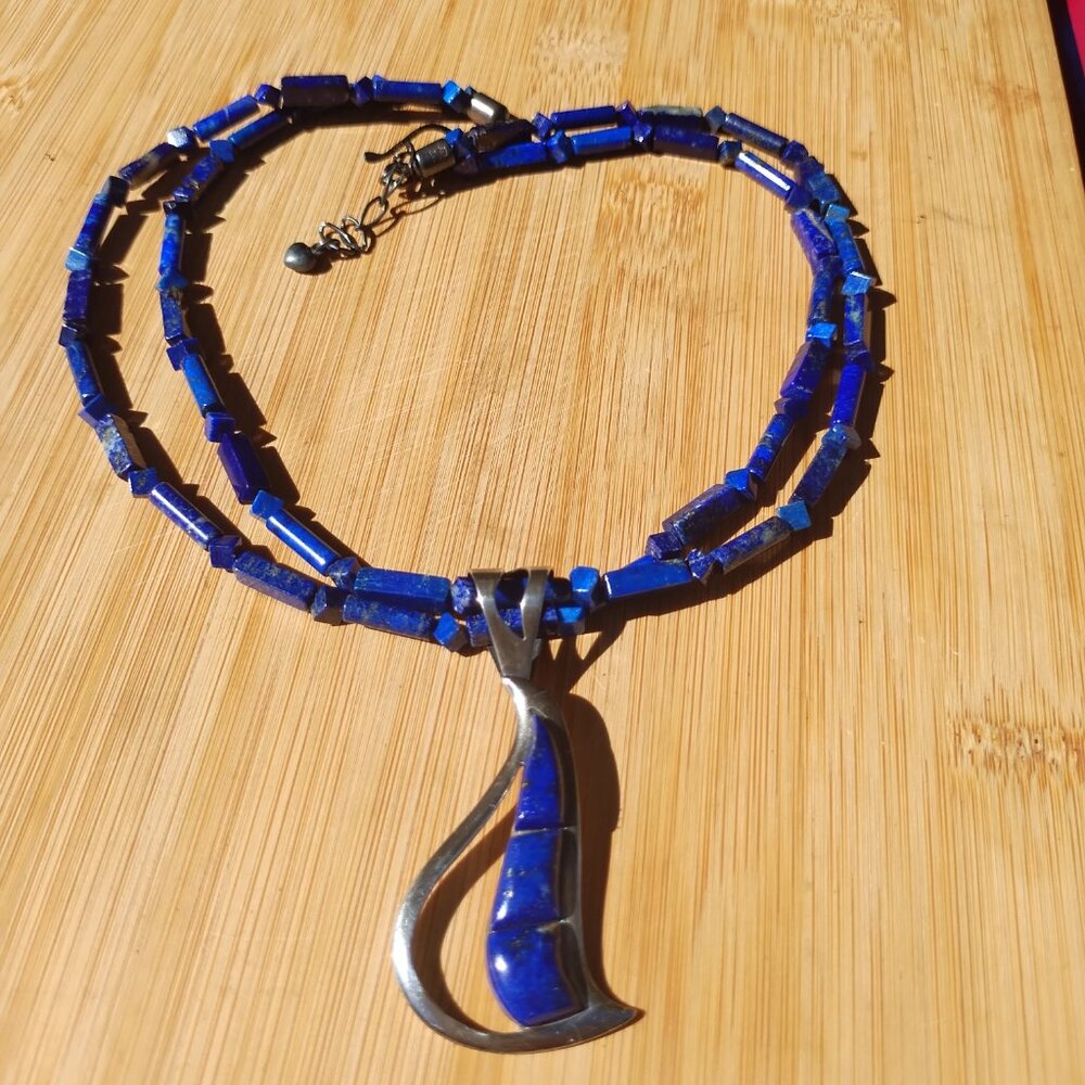 Jay King DTR mine finds Lapis 2 Strand necklace inlay pendant 925 Sterling Silve